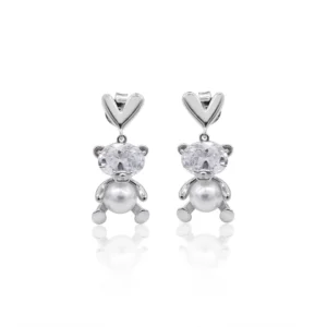 925 Silver Teddy Bear CZ & Pearl Earnings - White Gold Polish