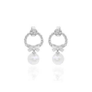 925 Silver Bow & Pearl Drop Earrings – Zircon & White Meena Finish